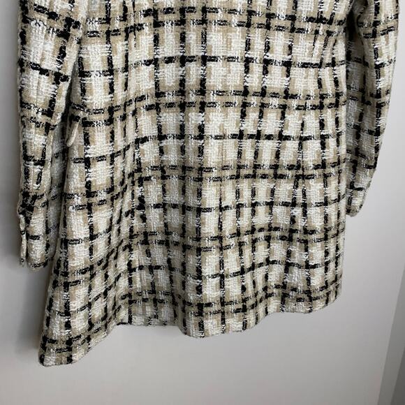 Zara Women Taupe Brown Lapel Collar Longline Textured Plaid Blazer Medium - Picture 5 of 16